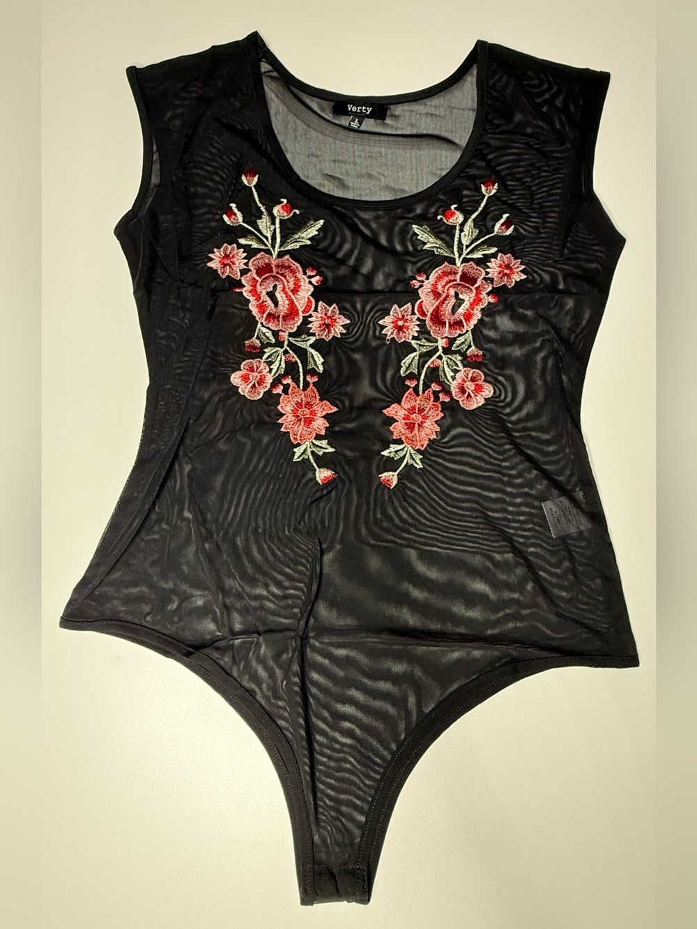 NWT Black Mesh Bodysuit with Red Floral Embroidery - 236-238